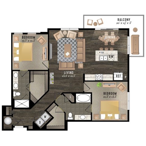 Floor plan for 2 beds, 2 baths, 1296 sqft